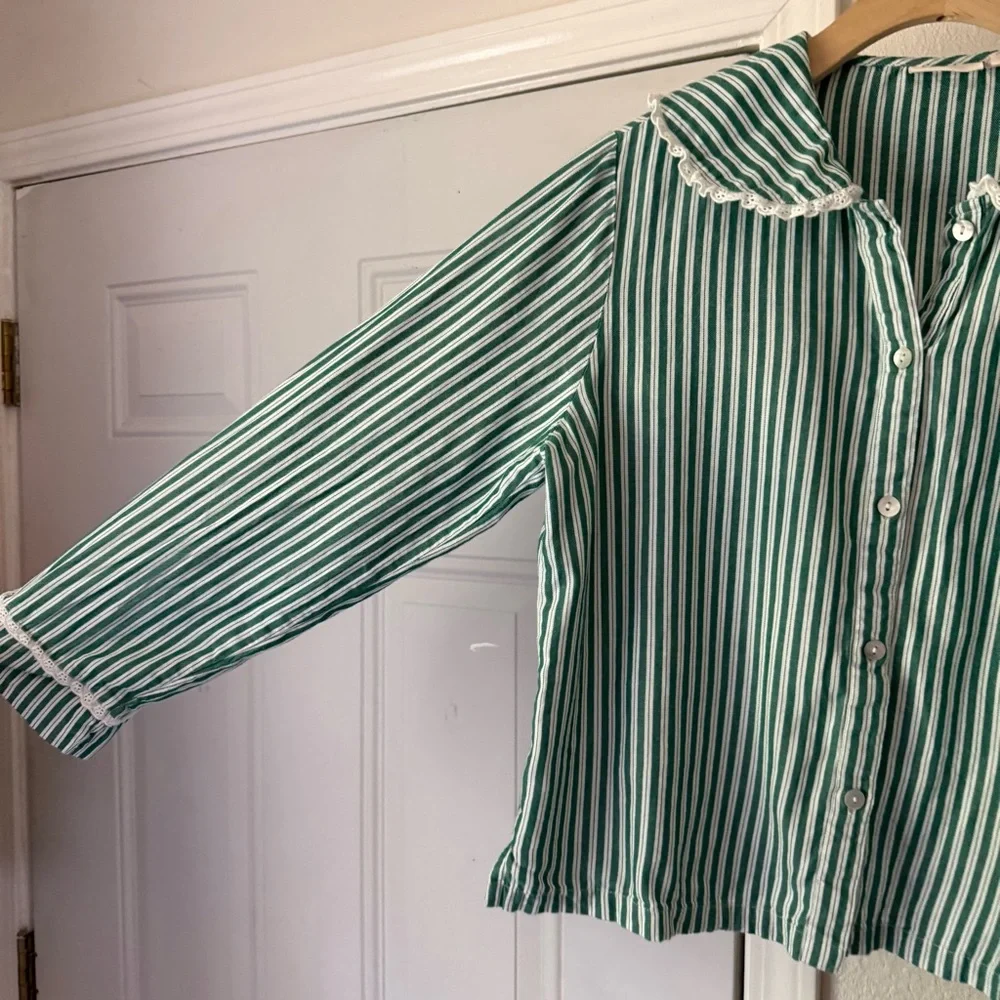 RACHEL ASHWELL green white striped cotton sailor Peter Pan cottage prairie top - Picture 3 of 7